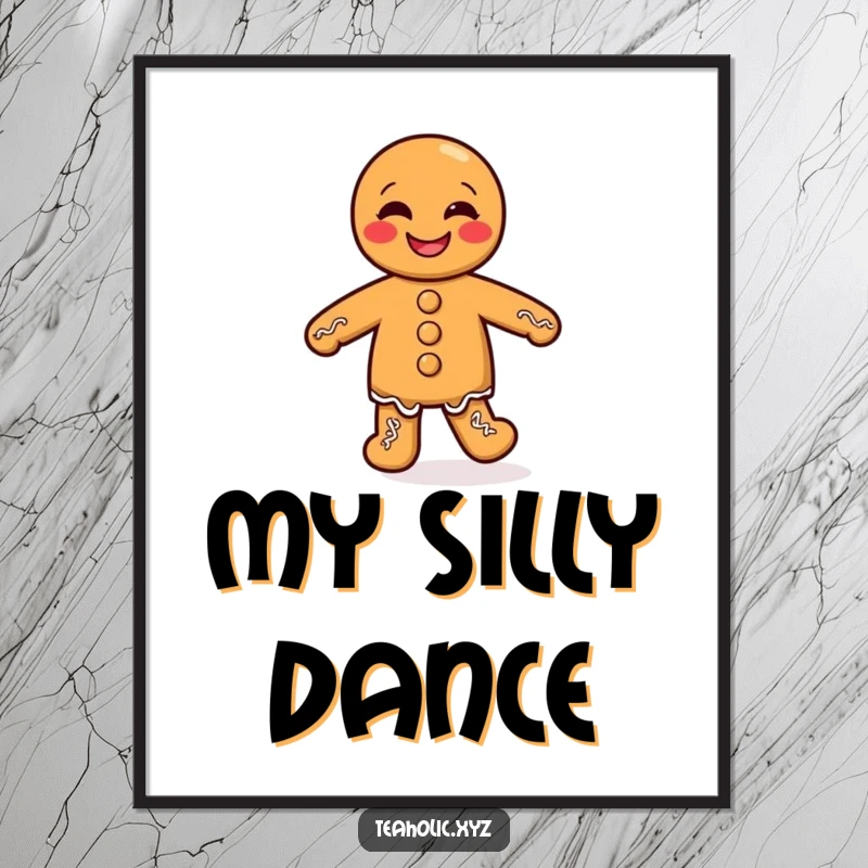 Funny digital art print of a giggling gingerbread man with small legs doing a silly jig, perfect for instant humorous decor.