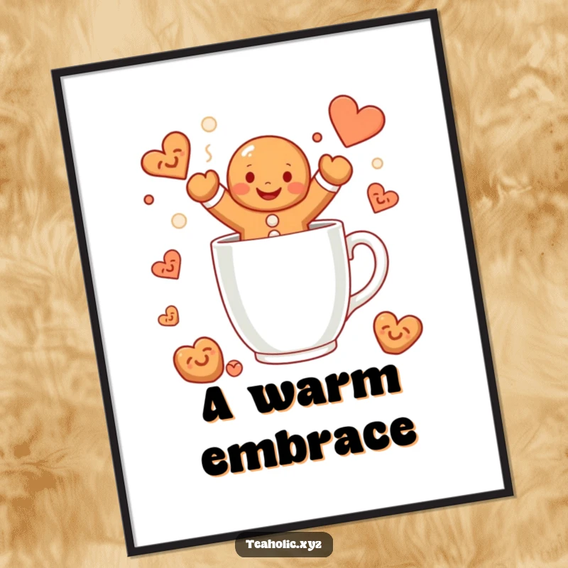 Funny gingerbread man digital art print of a smiling character happily jumping into a steaming mug, bringing instant holiday humor and festivity.