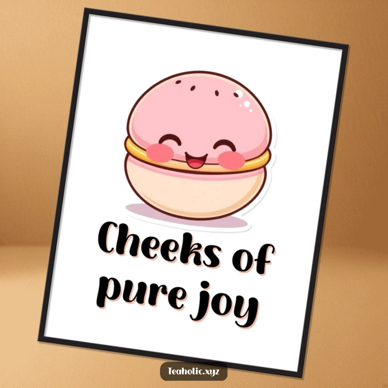 Funny digital art print of a cute macaron character with rosy cheeks, beaming happily, ideal for sweet and cheerful decor.