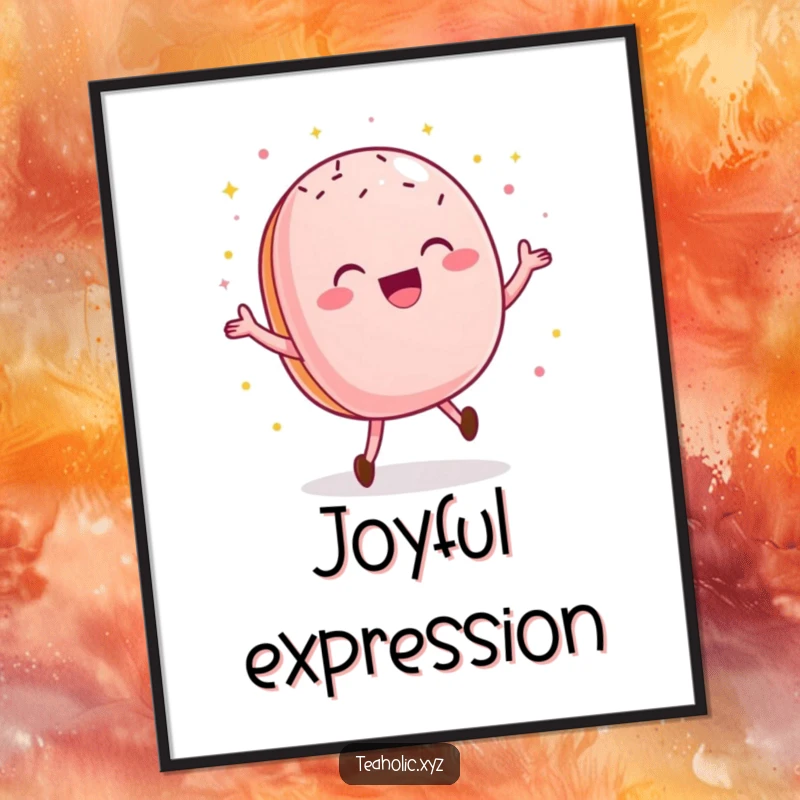 Funny macaroon digital art print of a delighted pastry doing a happy dance with sprinkles, ideal for sweet decor.