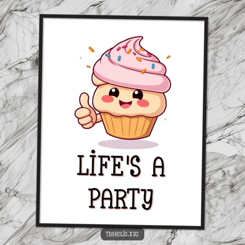 Funny Muffin Digital Art Print: Cheerful character giving a thumbs up with sprinkles flying, instant downloadable humor.