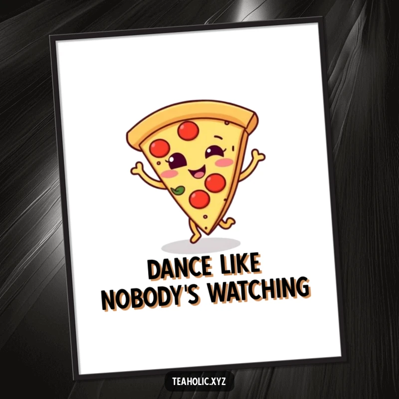 Funny digital art print of a smiling pizza slice doing a little dance step, ideal for lively and fun decor.