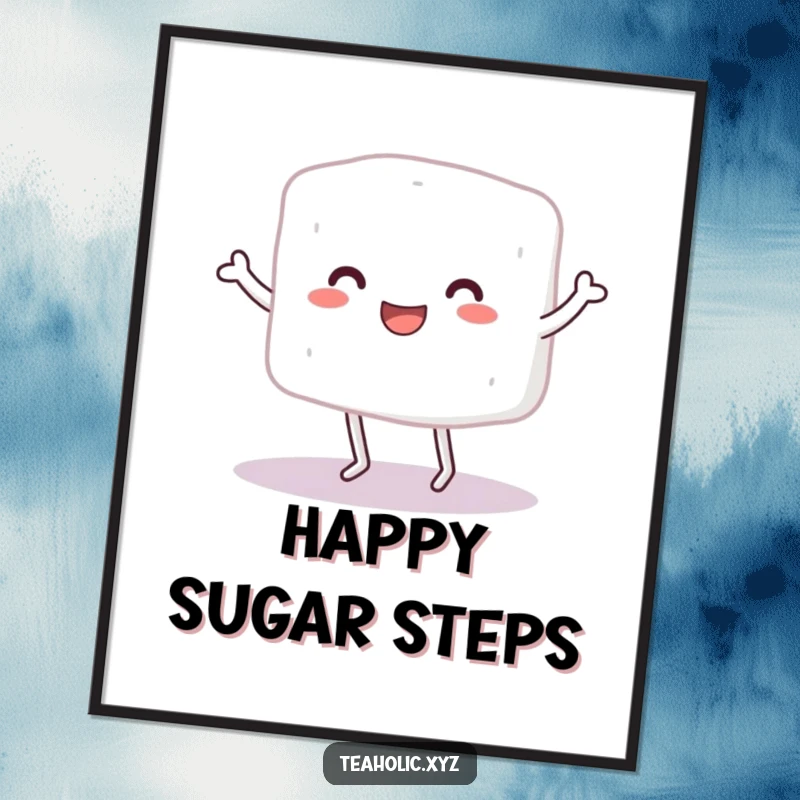 Funny Sugar Cube Character Digital Art Print: A high-resolution image of a small sugar cube with legs doing a happy little dance.