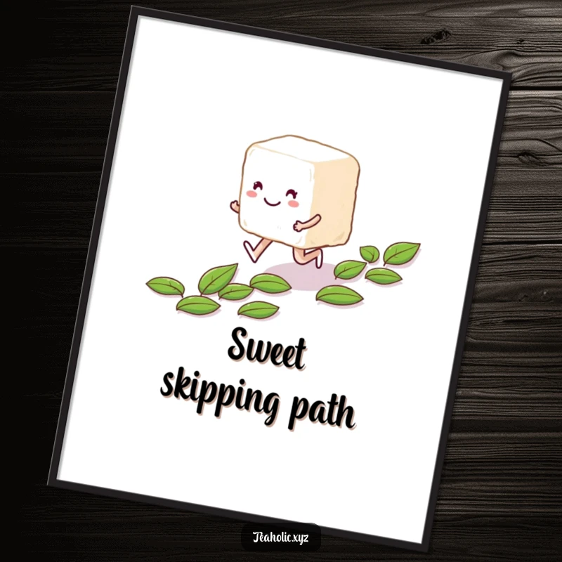 Funny smiling anthropomorphic sugar cube character skipping along a path of tea leaves, available as a digital art print.