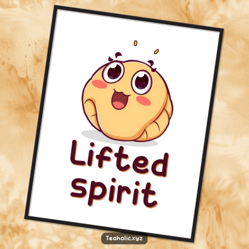 Funny croissant digital art print of a surprised pastry floating joyfully upwards, ideal for instant, humorous wall decor.