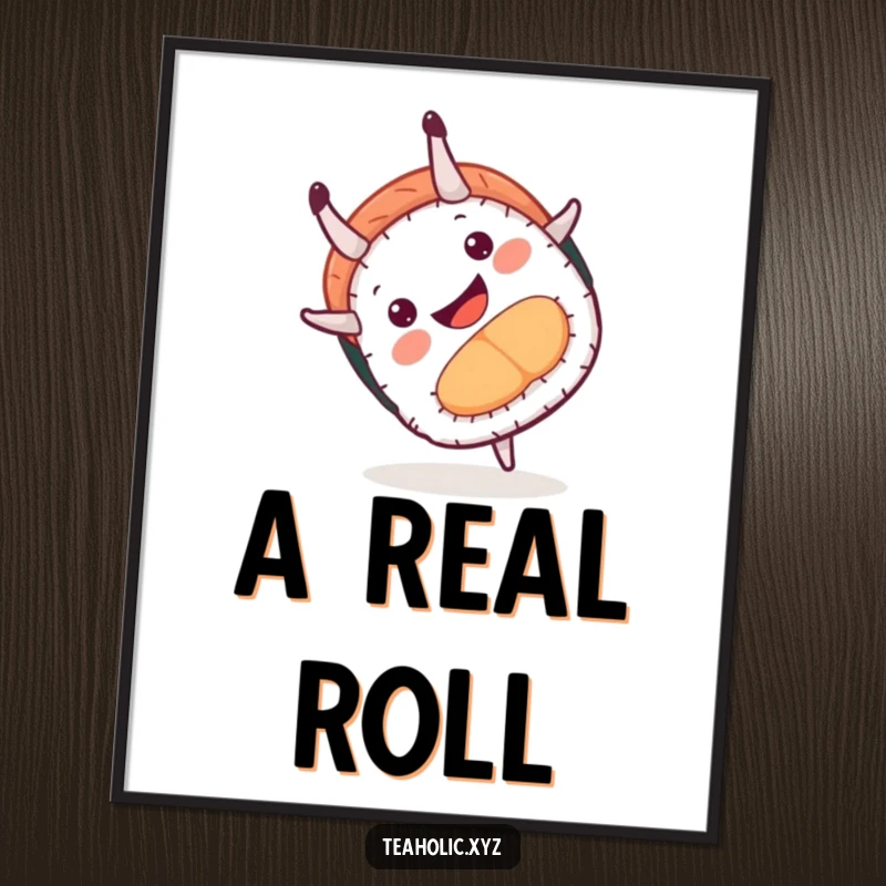 Funny digital art print of a smiling sushi piece performing a playful somersault, adding a dynamic and humorous touch to digital decor.