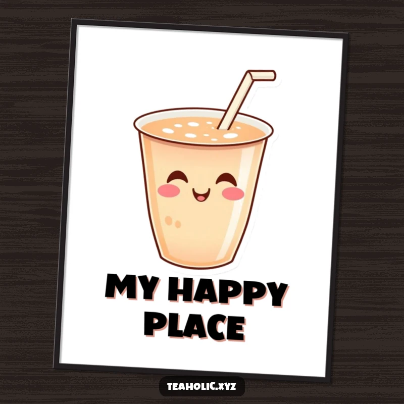 Funny digital art print of a smiling tea cup with a tiny straw wiggling joyfully, ideal for instant wall decor.