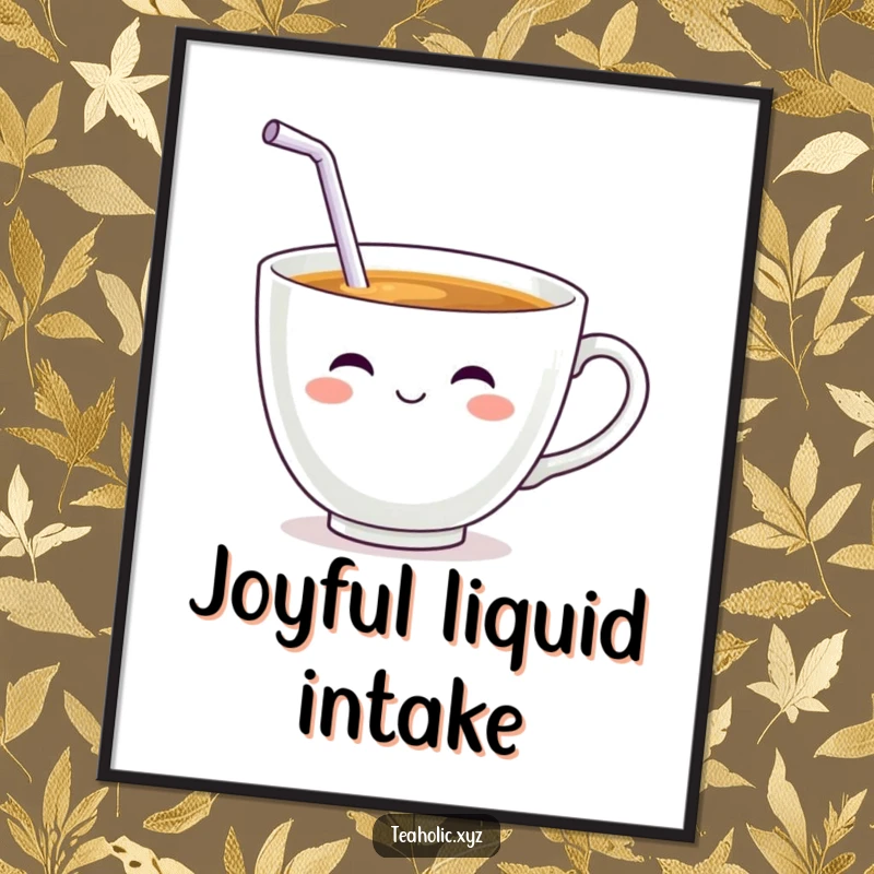 Funny Teacup Character Digital Art Print: A high-resolution image of a smiling teacup with a wiggling straw taking a big sip.