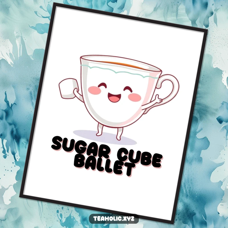 Funny digital art print of a smiling teacup with tiny arms dancing with a sugar cube, conveying pure joy and playful energy.
