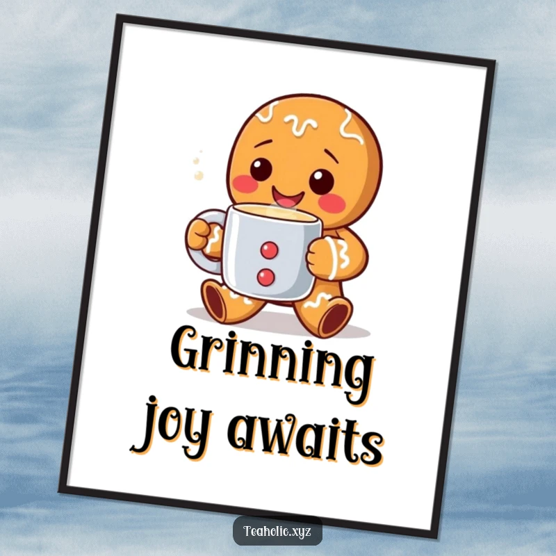 Funny Digital Art Print of a cheerful gingerbread man with a wide grin offering a steaming mug, perfect for instant festive decoration.