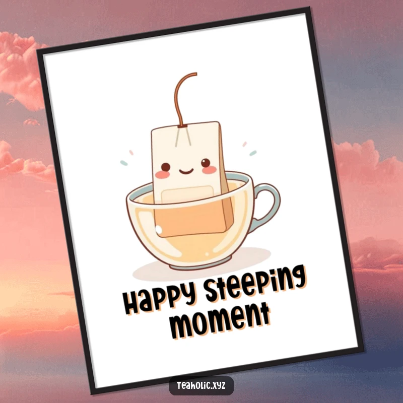 Funny Teabag Character Digital Art Print: A high-resolution image of a happy teabag with a dangling string happily dipping into hot water.