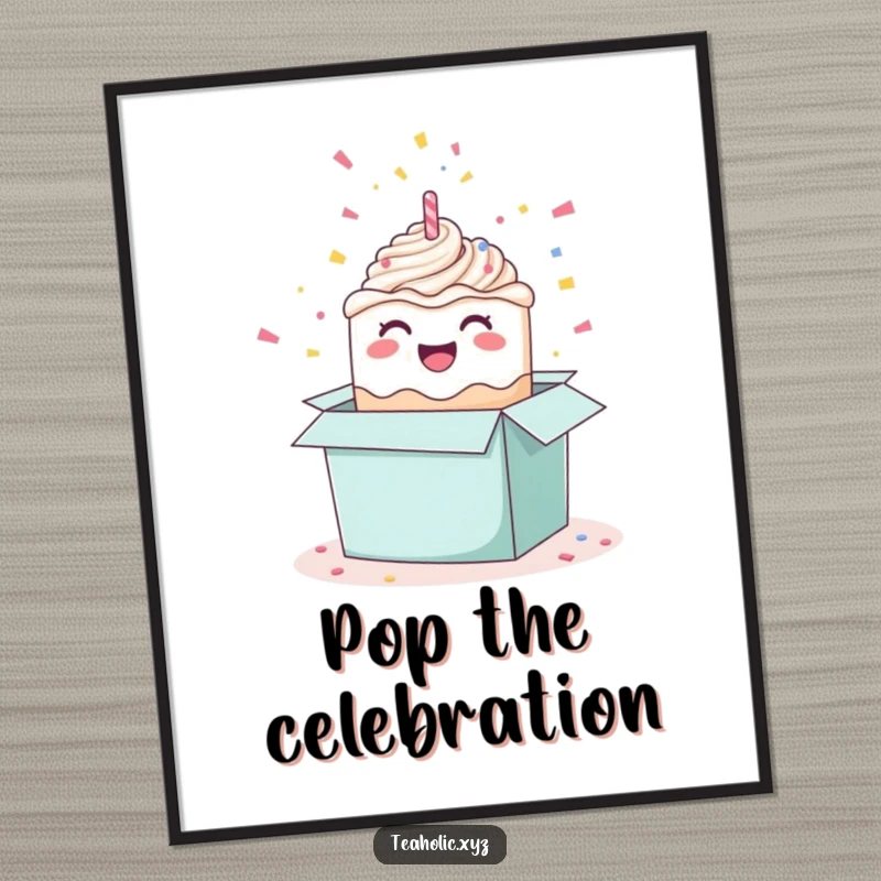 Funny happy cake digital art print, featuring a celebratory cake popping out of a box with confetti, ready for instant download.