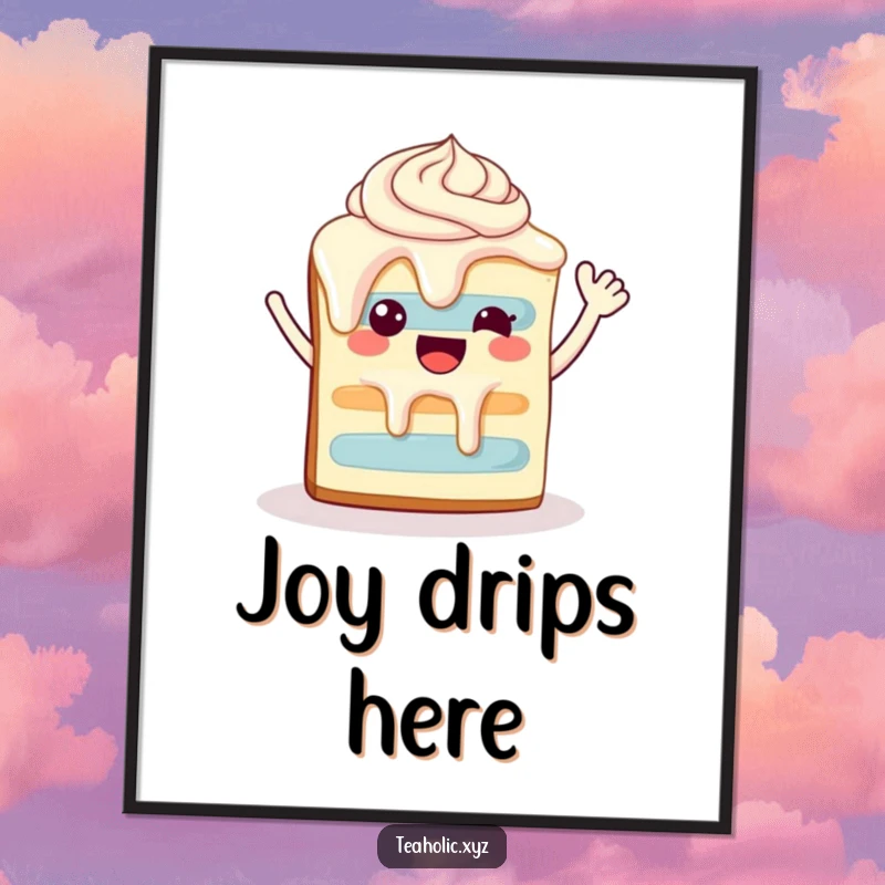 Funny happy slice of cake with dripping frosting, waving enthusiastically, available as digital art.