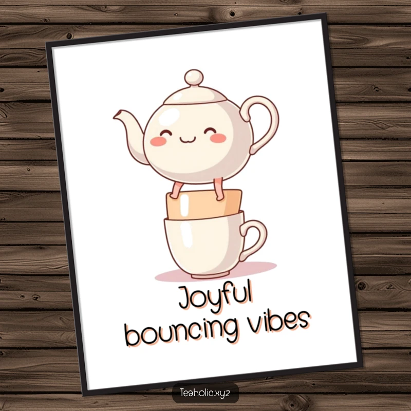 Funny cheerful teapot character with legs, bouncing merrily on a stack of mugs, available as a digital art print.