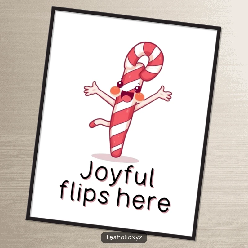 Funny digital art print of a joyful candy cane performing a cartwheel with striped flair, ideal for instant sweet decor.