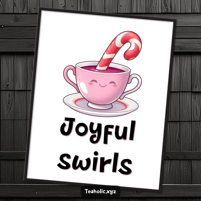 Funny candy cane with a cheerful smile dipping into a swirling teacup, as downloadable and humorous digital art.