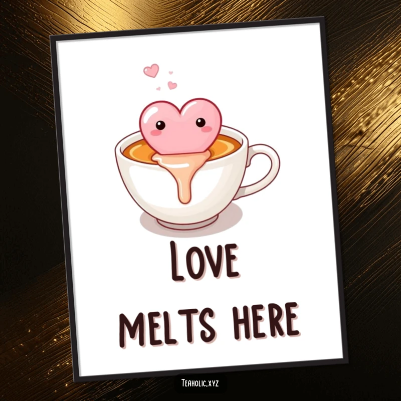 Funny candy heart happily melting into a warm cup of tea, as downloadable and humorous digital art.