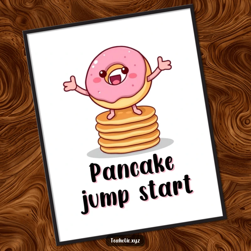 Funny digital art print of a cheerful donut with legs bouncing on pancakes, bringing vibrant breakfast fun and humor to your decor.