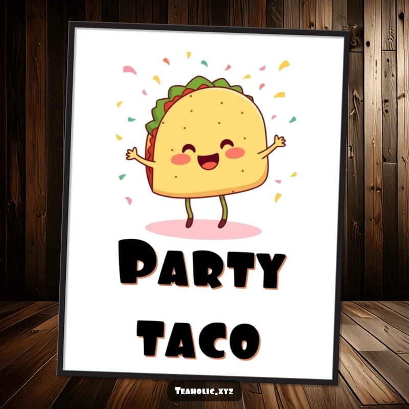 Funny digital art print of a cheerful taco with legs dancing as confetti falls, ideal for festive decor.