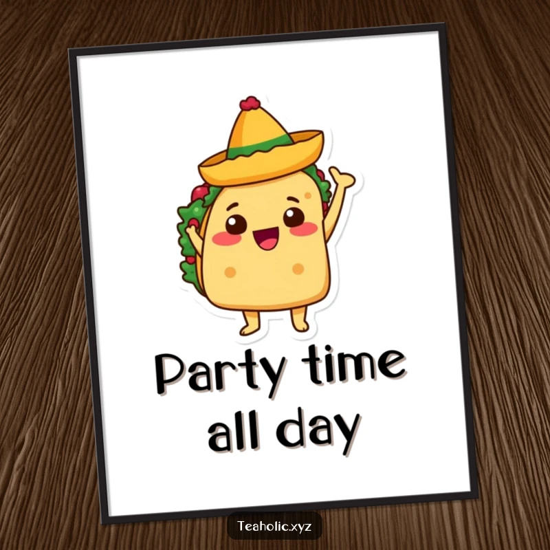 Funny digital art print of a taco character joyfully waving a tiny sombrero, ideal for festive and lively decor.