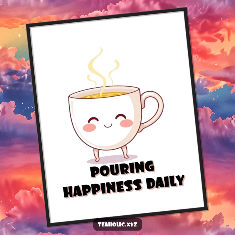 Funny Teacup Digital Art Print: A smiling teacup with tiny legs cheerfully pours hot liquid, bringing whimsical fun to your decor.