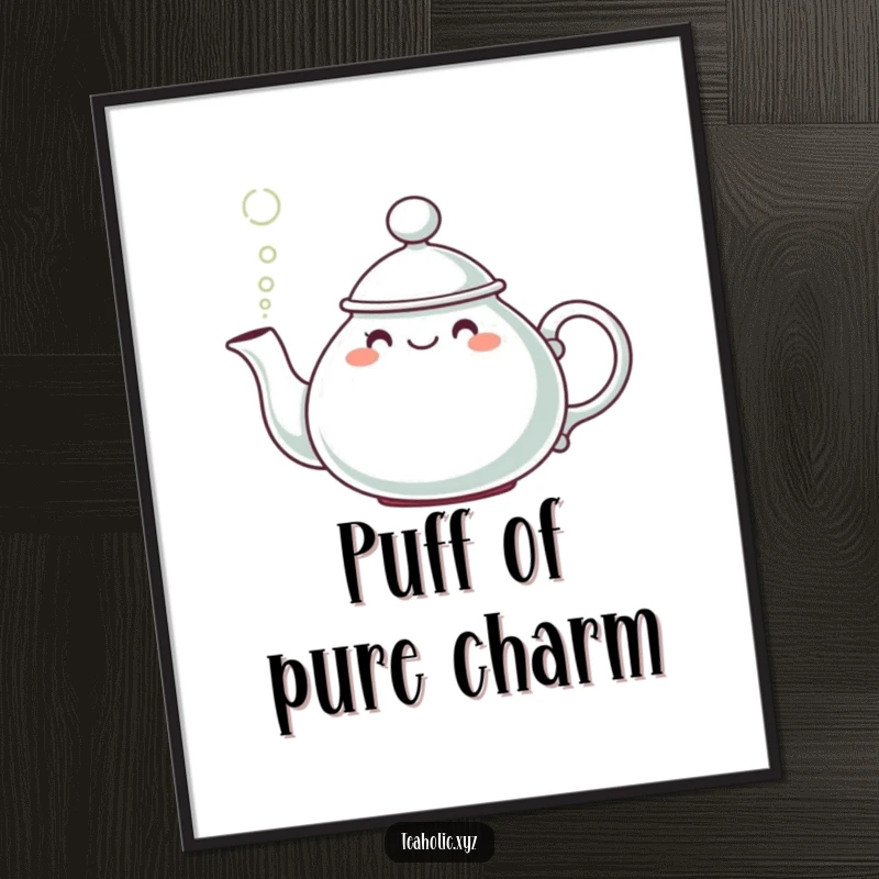 Funny Teapot Character Digital Art Print: A high-resolution image of a cute teapot wearing a hat, pouring a cheerful puff of steam.