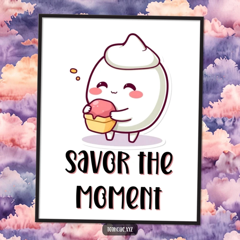 Funny giggling pastry character offering a tiny bite, available as a high-resolution digital art file.