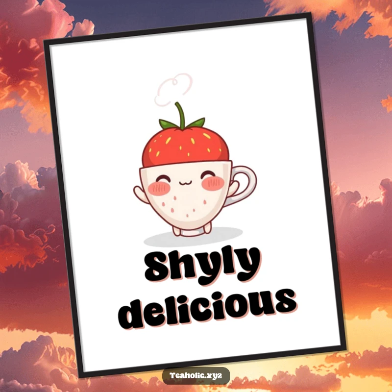 Funny blushing strawberry with a shy smile offering a steaming cup, as downloadable and humorous digital art.