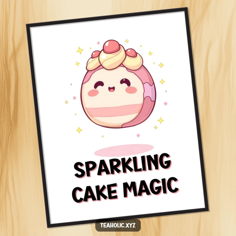 Funny digital art of a round cake character levitating slightly, surrounded by shimmering sparkles, evoking pure magic.