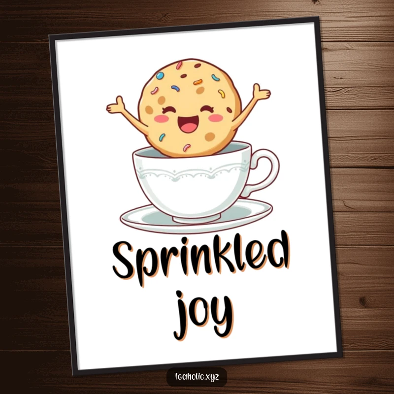 Funny digital art print of a delighted cookie with sprinkles jumping excitedly in a teacup, ideal for decor.