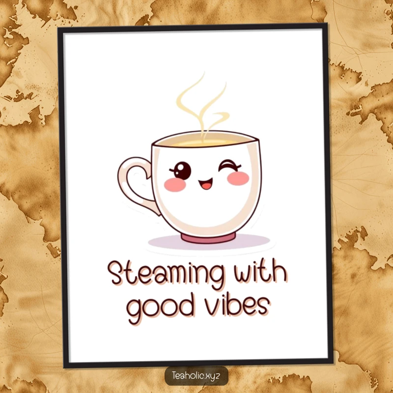 Funny digital art print of a smiling teacup character happily pouring steaming liquid.