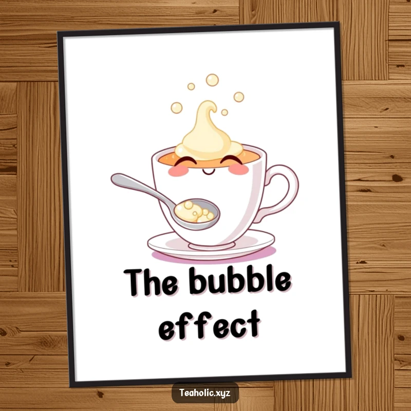 High-resolution smiling teacup character, spilling effervescent bubbles, perfect for instant wall art.