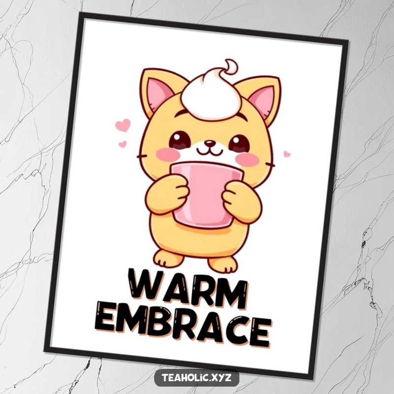 Funny digital art of a cheerful scone character with cute paws tightly holding a steaming mug of coffee.