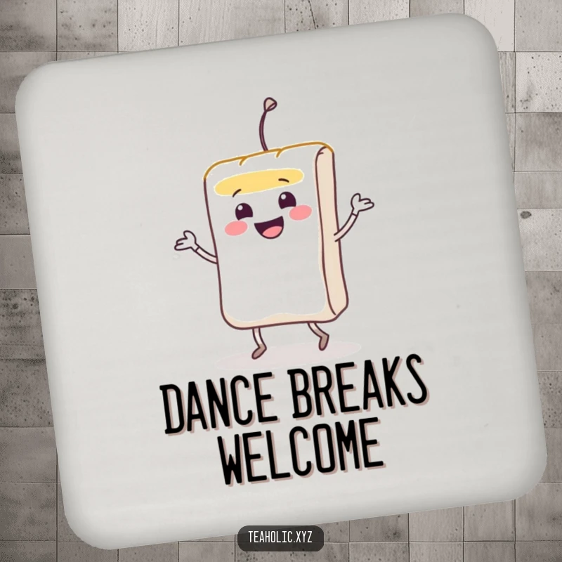 Funny smiling teabag character doing a lively jig on a protective drink coaster.