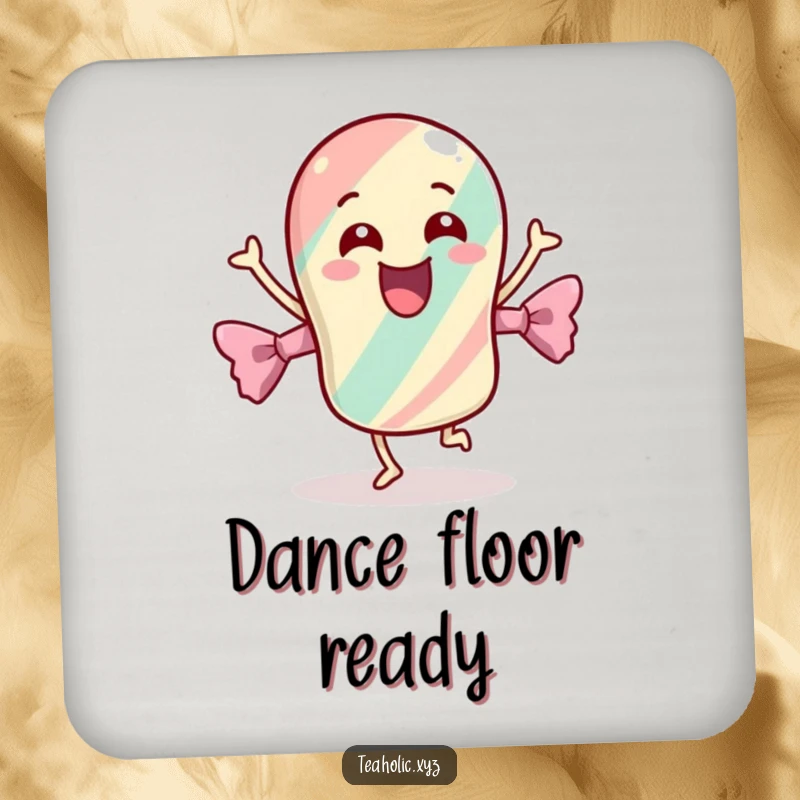 Funny drink coasters featuring a cheerful candy with its wrapper dancing energetically, protecting tabletops with a vibrant, sweet motif.