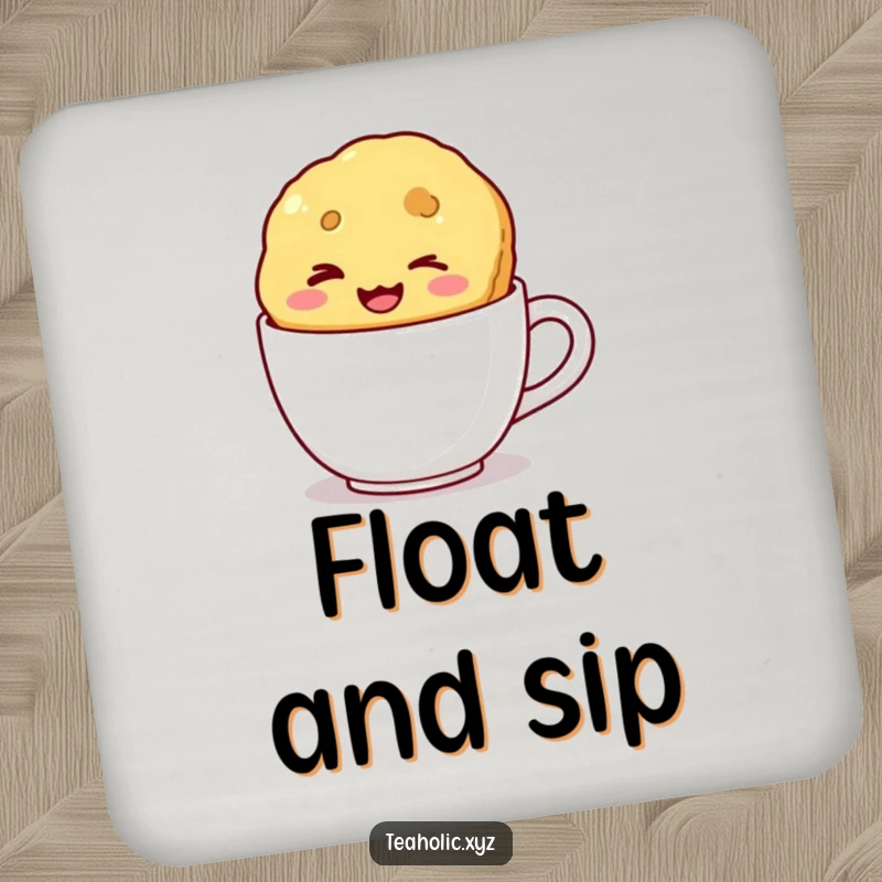 Funny drink coaster featuring a winking biscuit with a wide smile floating in a mug, adding humorous protection to surfaces.
