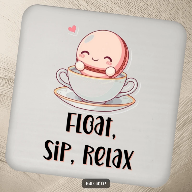Funny blissful macaroon character floating on a tea saucer on a protective drink coaster.