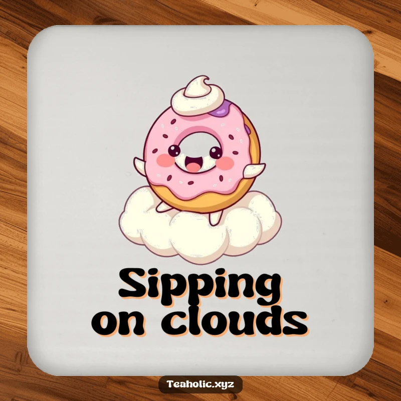 Artistic bubbly donut character, joyfully bouncing on a whipped cream cloud, adding charm to tables.