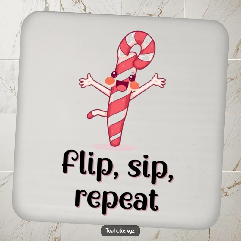 Funny coaster showcasing a joyful candy cane doing a cartwheel with striped flair, protecting surfaces with sweet style.