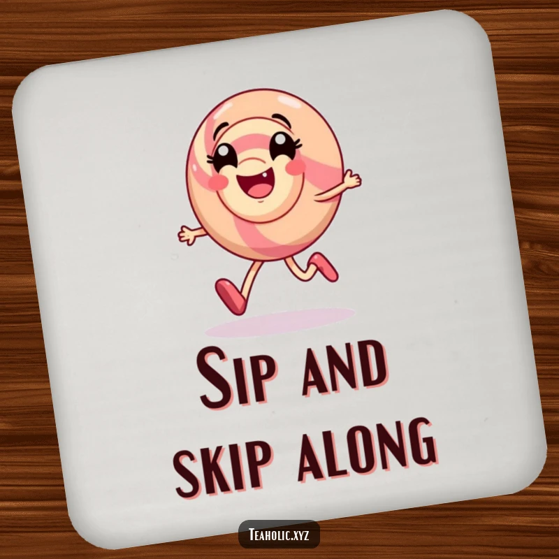 Funny coaster featuring a smiling candy character happily skipping with a swirl of delight, protecting your furniture.