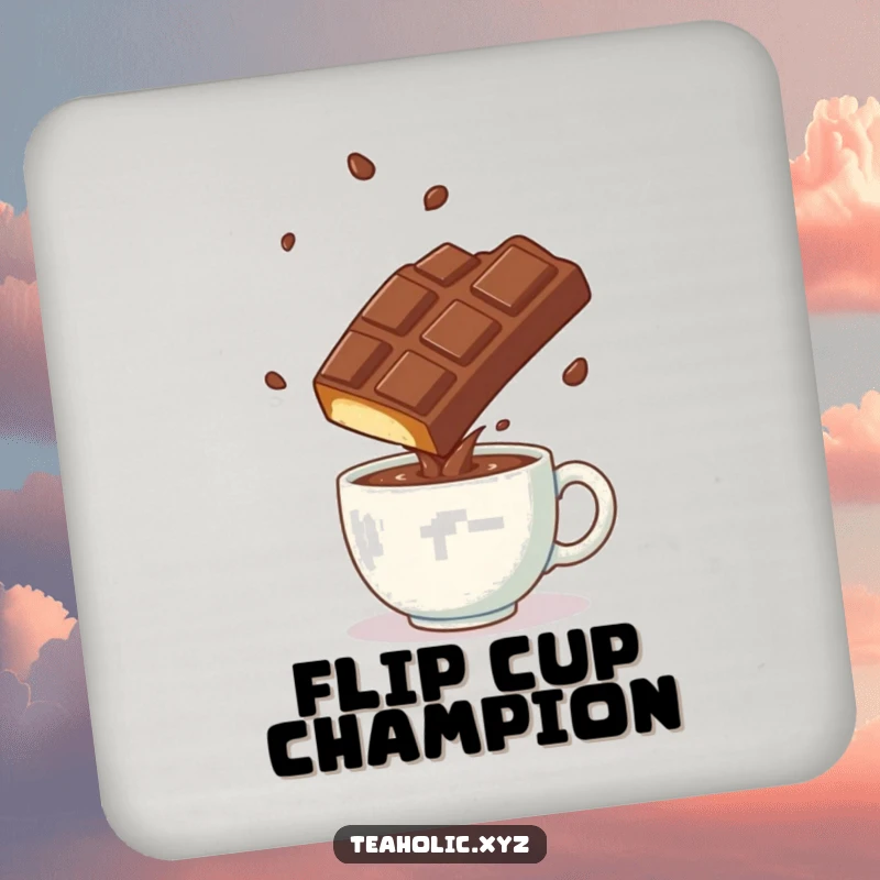 Funny playful chocolate bar doing a somersault over a steaming mug, featured on drink coasters.