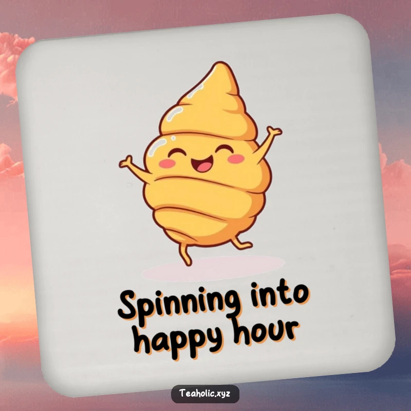 Funny Coaster featuring a cheerful croissant with legs, joyfully spinning, protecting surfaces with buttery and humorous flair.