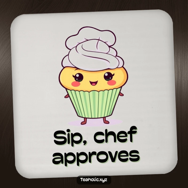 Funny proud cupcake character wearing a tiny chef hat on a protective drink coaster.