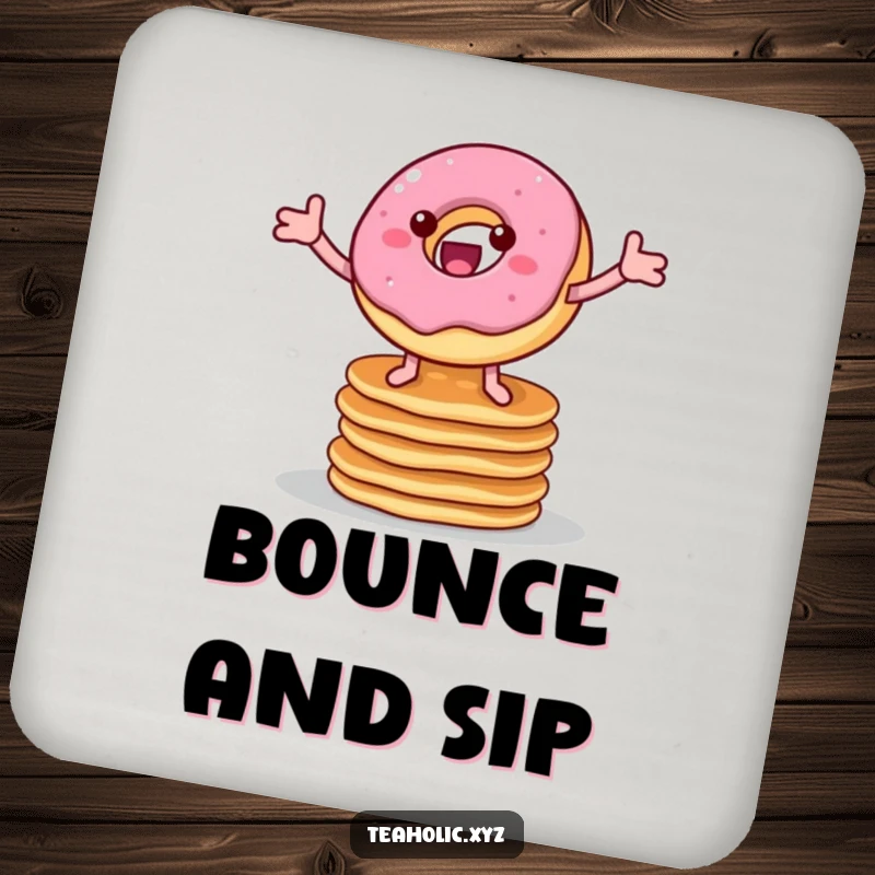 Funny drink coaster showing a cheerful donut with legs bouncing on pancakes, ideal for protecting surfaces with breakfast-themed humor.