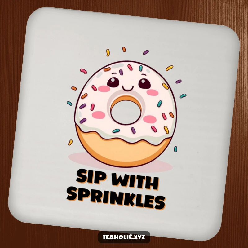 Funny donut character joyfully raining sprinkles on a protective drink coaster.