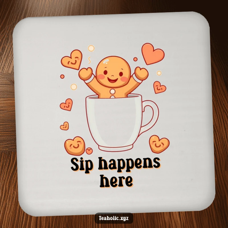 Funny gingerbread man coaster showing a smiling character jumping into a steaming mug, a functional and humorous holiday accessory.
