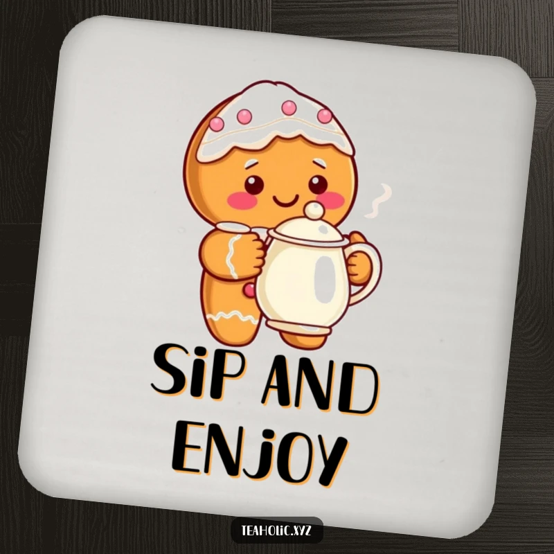 Funny gingerbread character with a steaming teapot on protective drink coasters, adding holiday charm to tabletops.