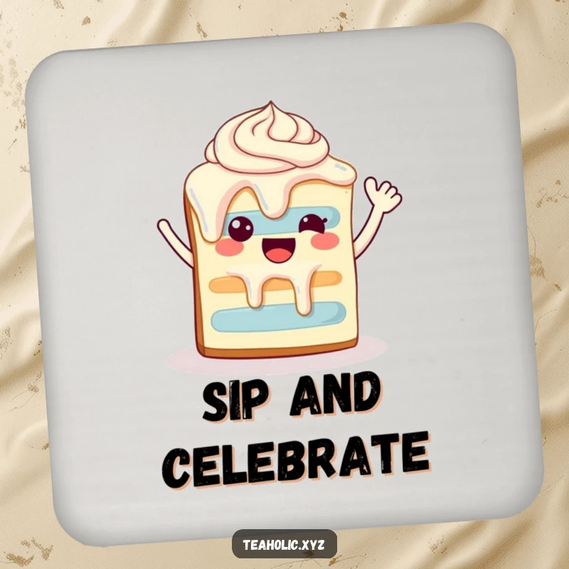 Funny happy slice of cake with dripping frosting, waving enthusiastically, featured on drink coasters.