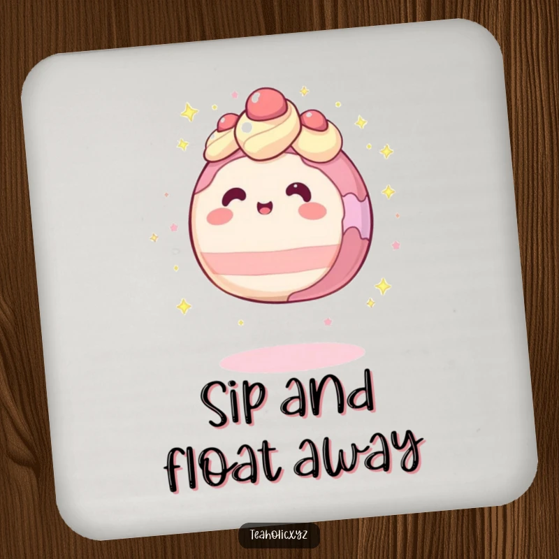 Funny coaster featuring a round cake character levitating slightly amidst sparkles, protecting your furniture with magic.