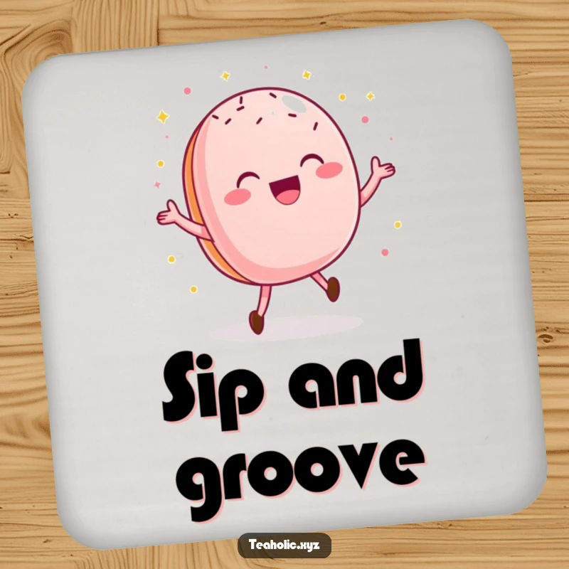 Funny macaroon drink coaster showing a delighted pastry doing a happy dance with sprinkles, a sweet and humorous accessory.